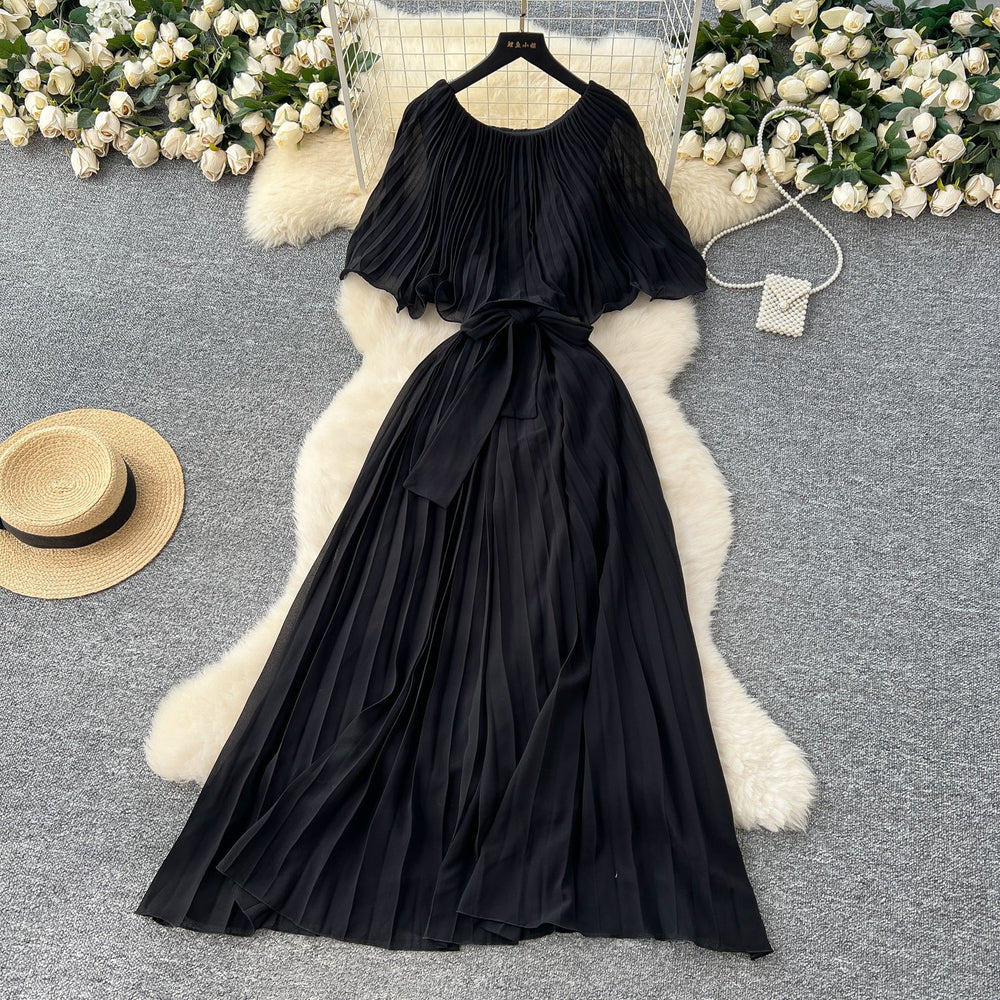 European and american fashion dress - women's french design with shawl sleeves, tie waist, elegant drape, pleated chiffon maxi dress