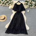 European and american fashion dress - women's french design with shawl sleeves, tie waist, elegant drape, pleated chiffon maxi dress