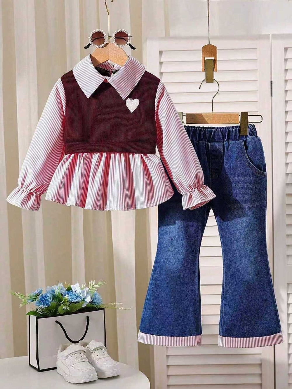 new autumn cross-border girls' collared shirt with patchwork top + denim flare pants two-piece set