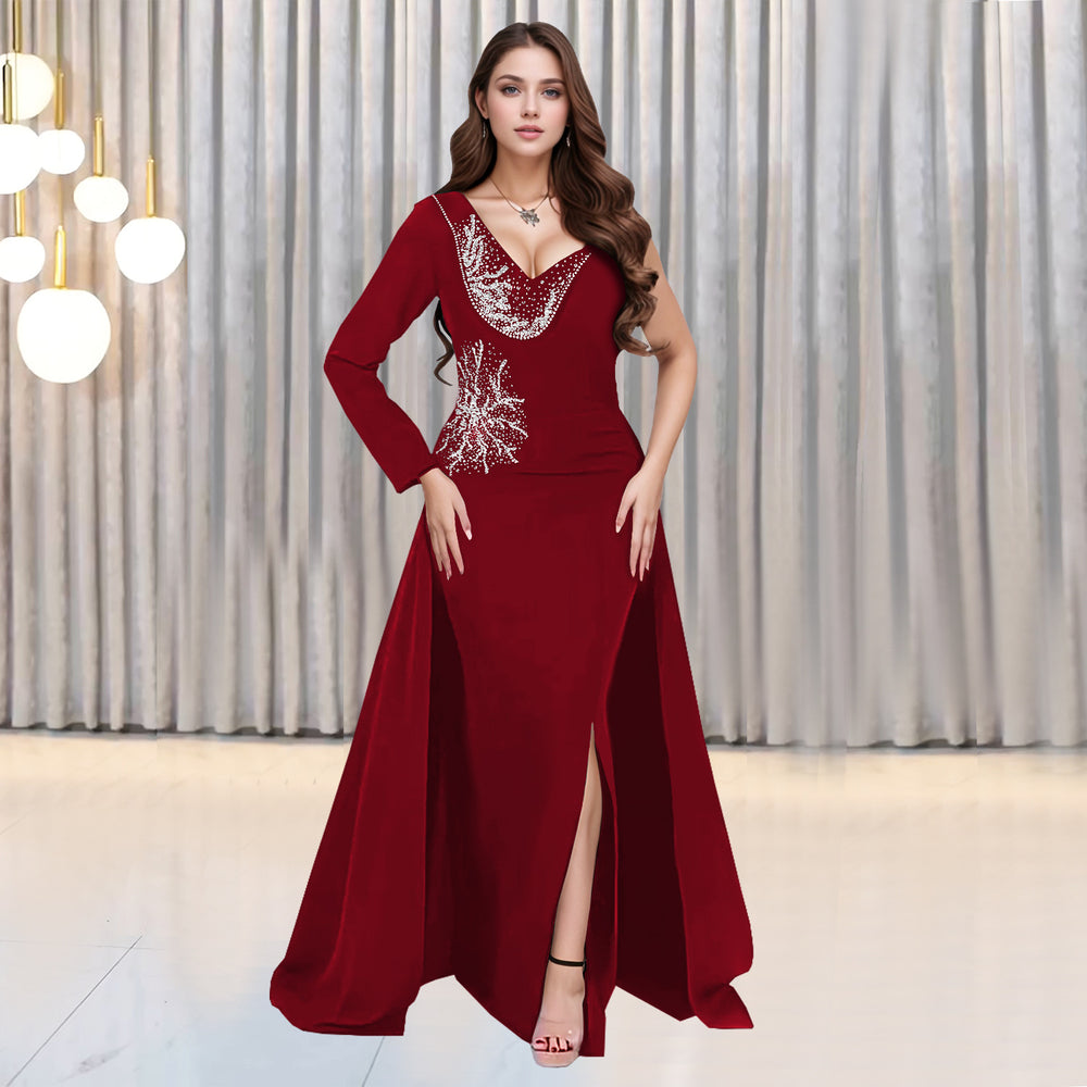 C7296 cross-border e-commerce european and american high-end sexy v-neck rhinestone-embellished long-sleeved slit mermaid dress with full skirt