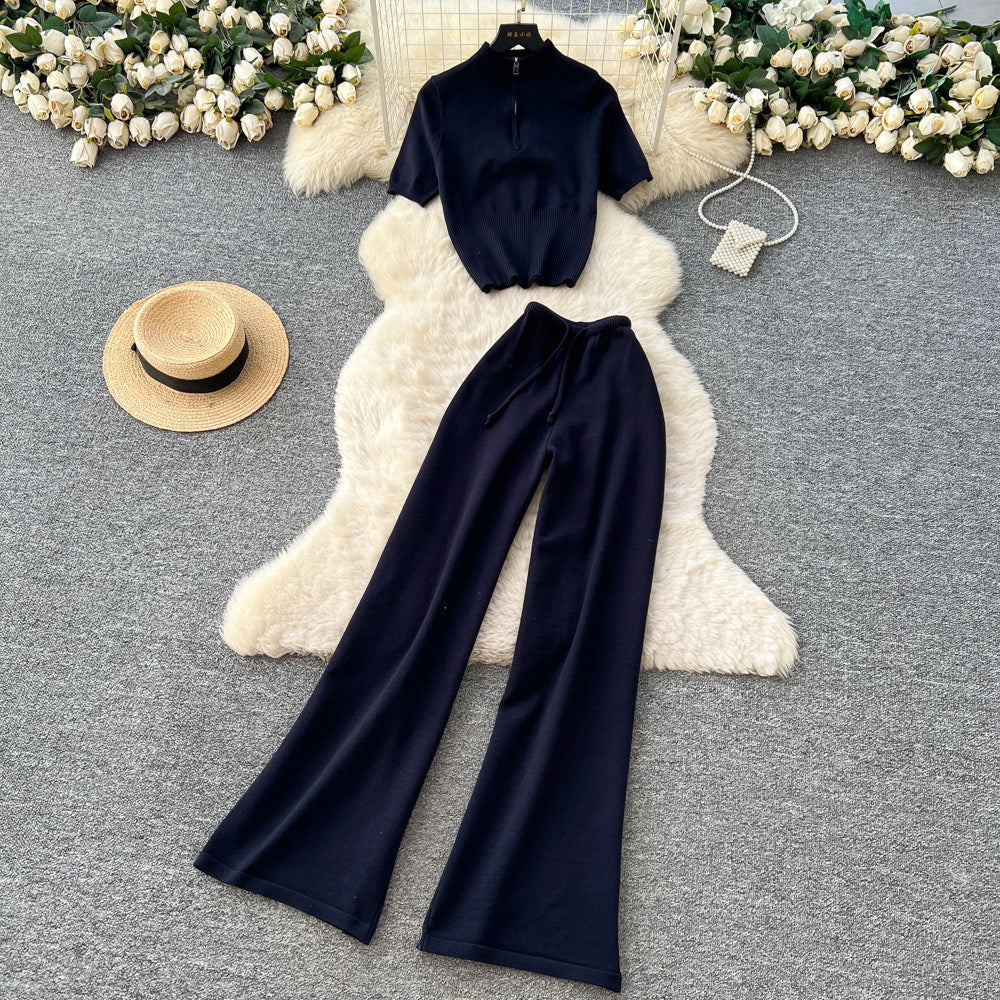 K-stylework clothing style silmtwo-piece set female summernew arrival short-sleeved tops slightly flared pants easiest for matchfashionhigh waistsuit