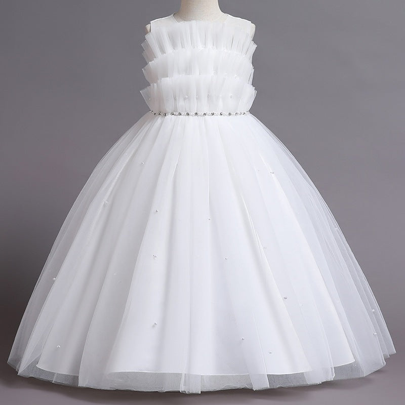 Evening dress girls' dress hostess dress princess dress mesh puffy dress summer sweet elegant one shoulder