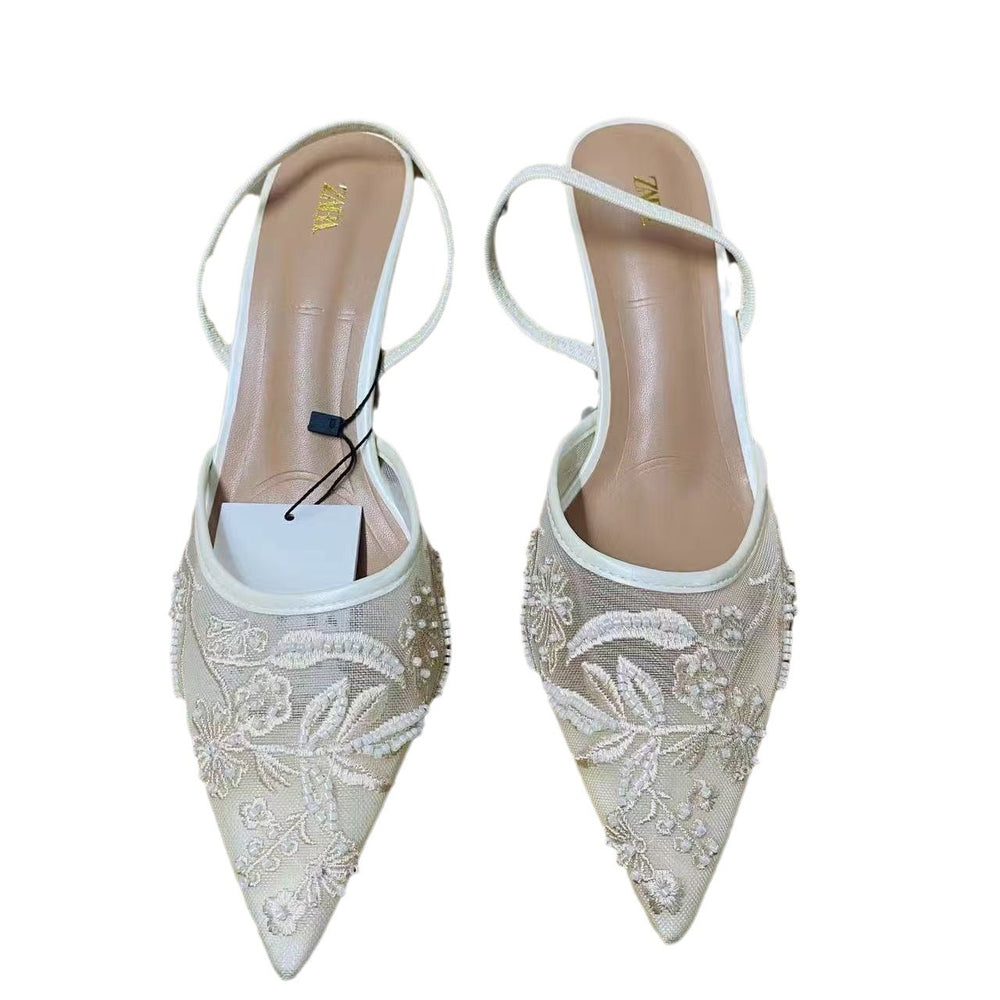 Zar 2024 autumn new arrivals: pointed-toe, closed-toe, open-back, solid color embroidered mesh stiletto mules