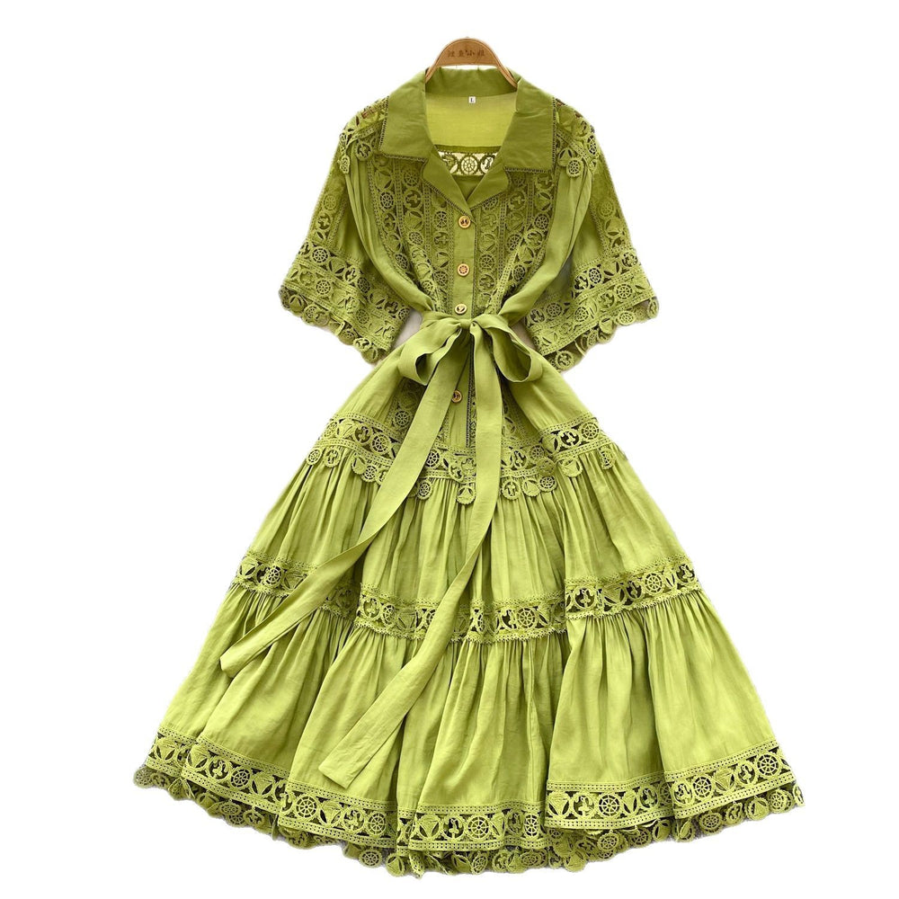 French court style hollow-out lace patchwork turn-down collar short sleeve dress - women's tie-waist elegant midi swing dress