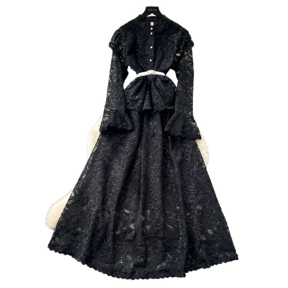 Light mature style classyelegancelacelong sleevesdressfemalefrenchheavy industry crochet waist silmlong skirt dress