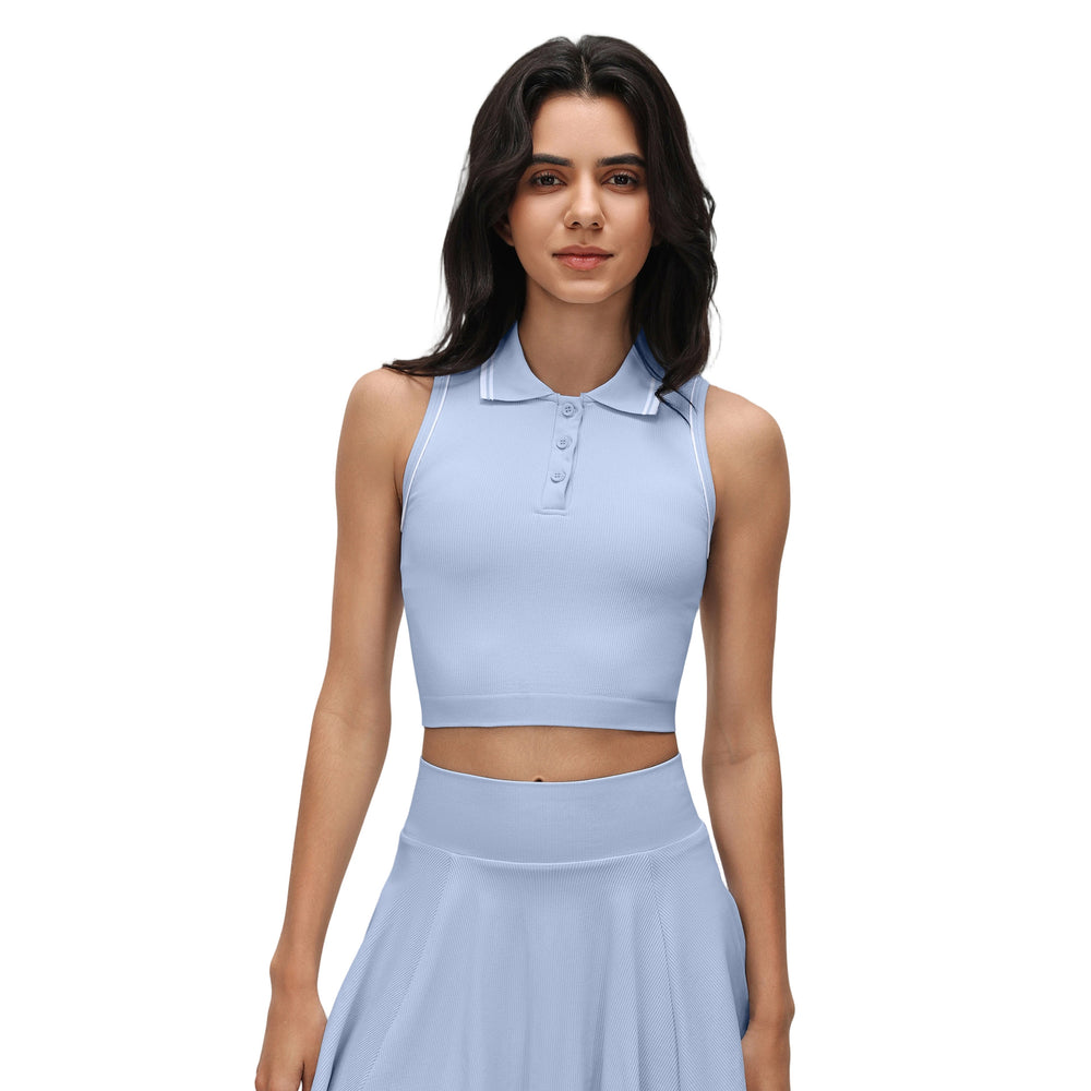 Seamless color block button-down collar sports tank top - women's fashionable and versatile top with built-in bra pads for fitness and yoga - d26078