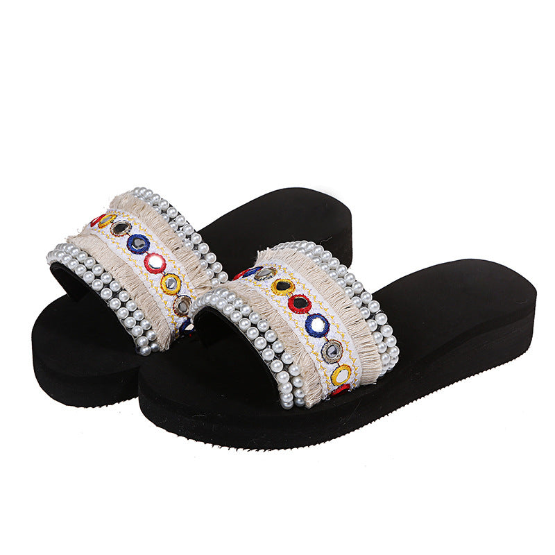 Ethnic style fashion slippers for women 2025 summernew arrivalplus sizesequin pearl toe sandals and flip-flops for beach