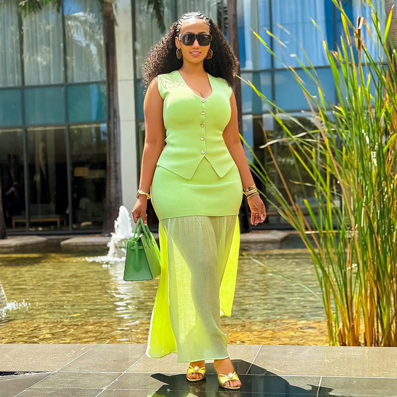 European and american style women's fall  new collection: sweet and fresh knitted vest top with high-waisted bodycon midi skirt two-piece set