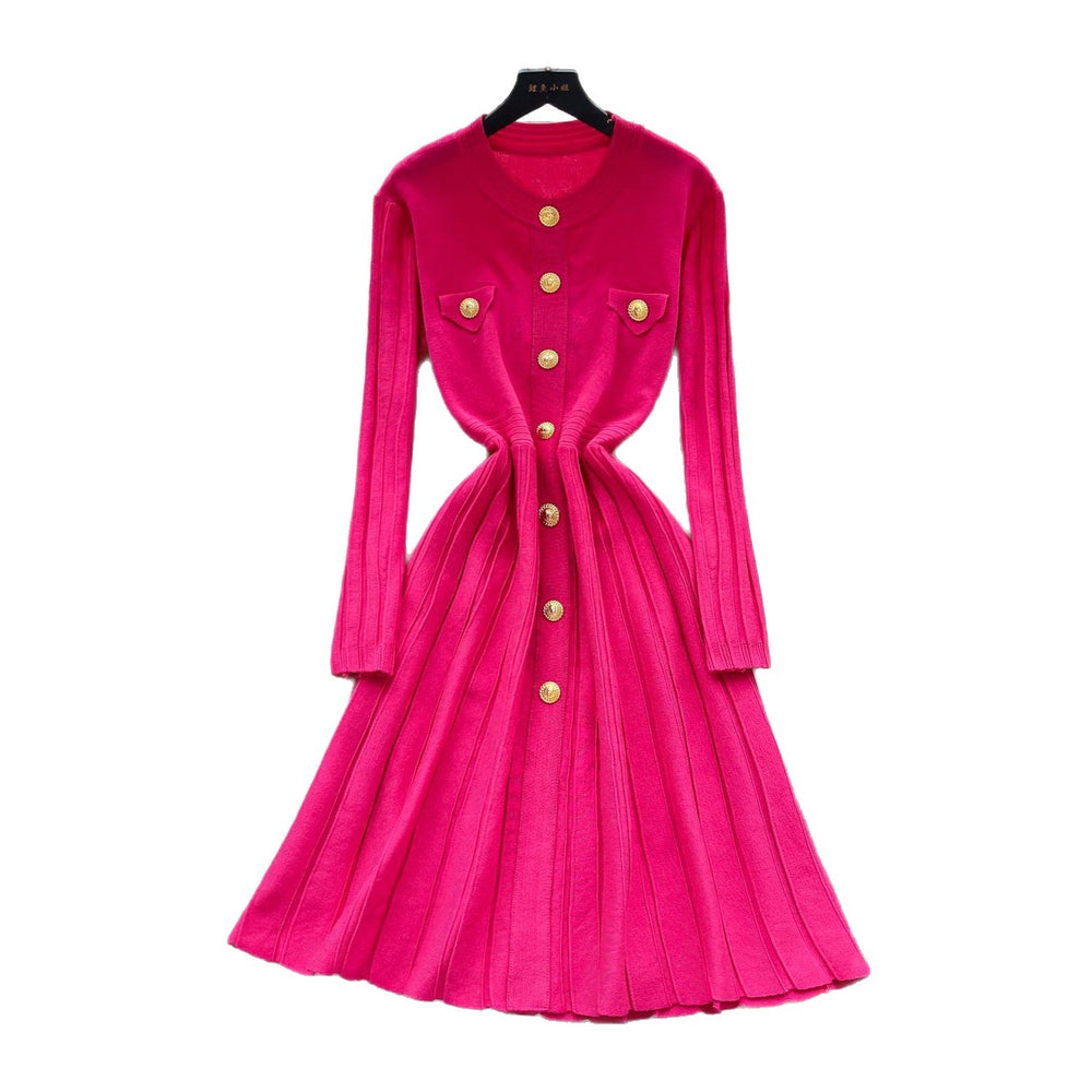 Classysense niche stylefrenchretro metal buckle waist slimming look round neck long sleevessweaterdress women's bottom long skirt