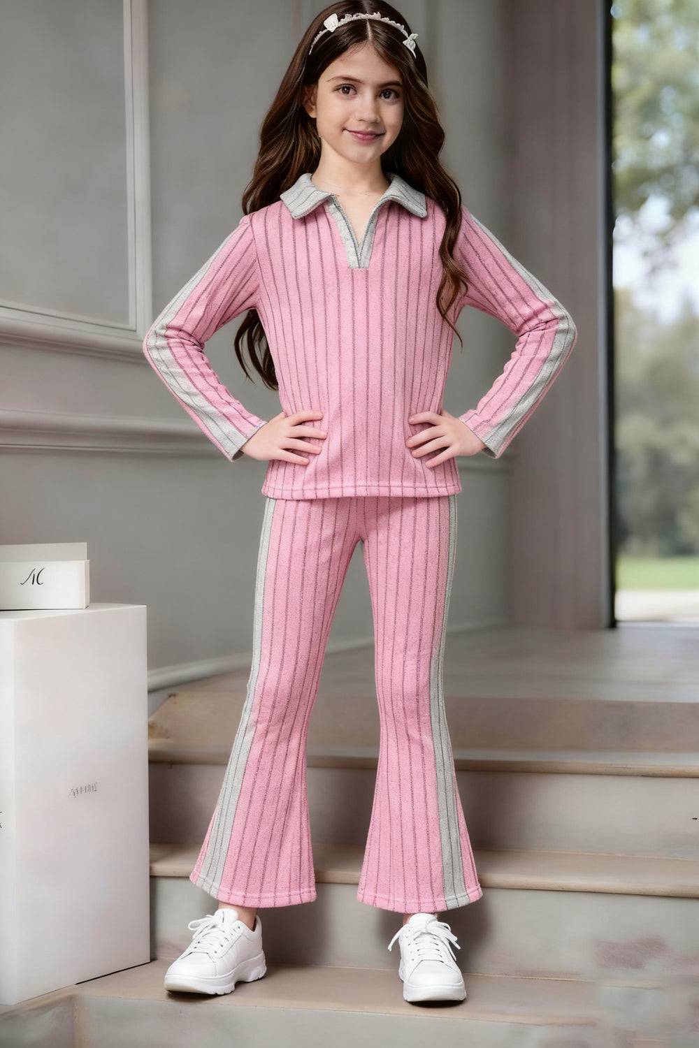 Girls' two-piece outfit for export: purple-pink and gray striped, turn-down collar, long-sleeved top with flared pants - kids' casual set