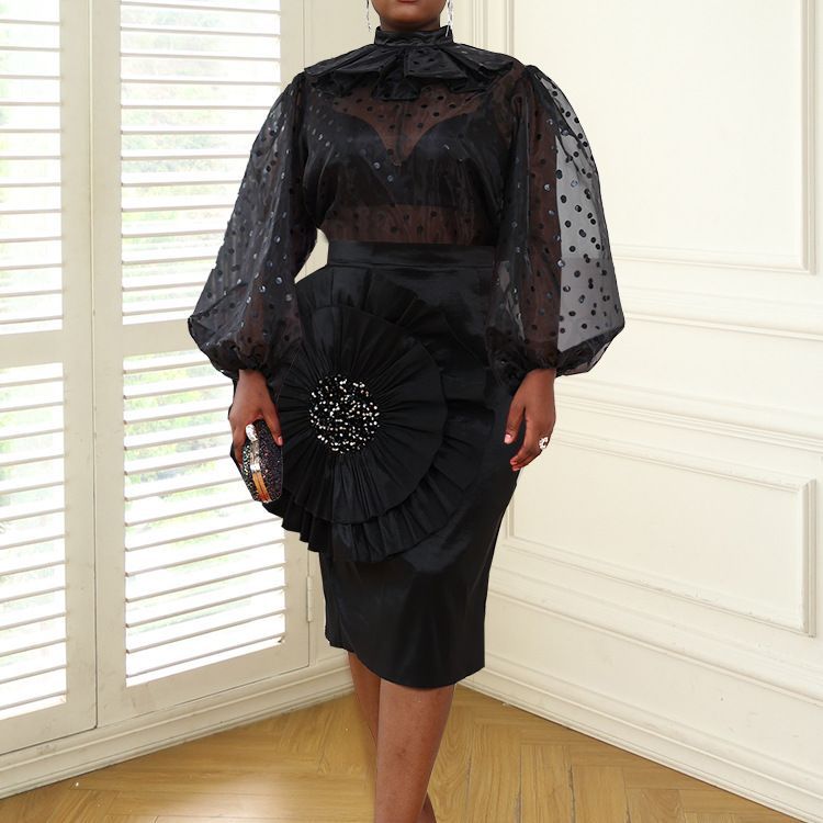 Sexy see-through polka dot mesh blouse suit stereo florals skirt two-piece set two-piece set