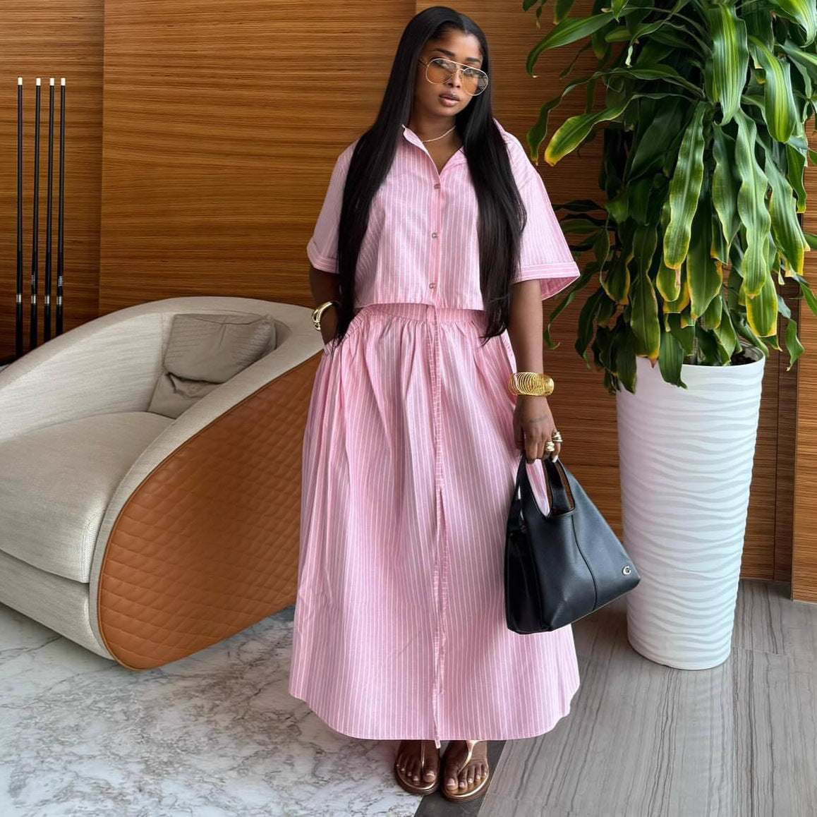 European and American lapel striped short-sleeved cardigan shirt high waist slim-fitting strap skirt African new fashion two-piece set