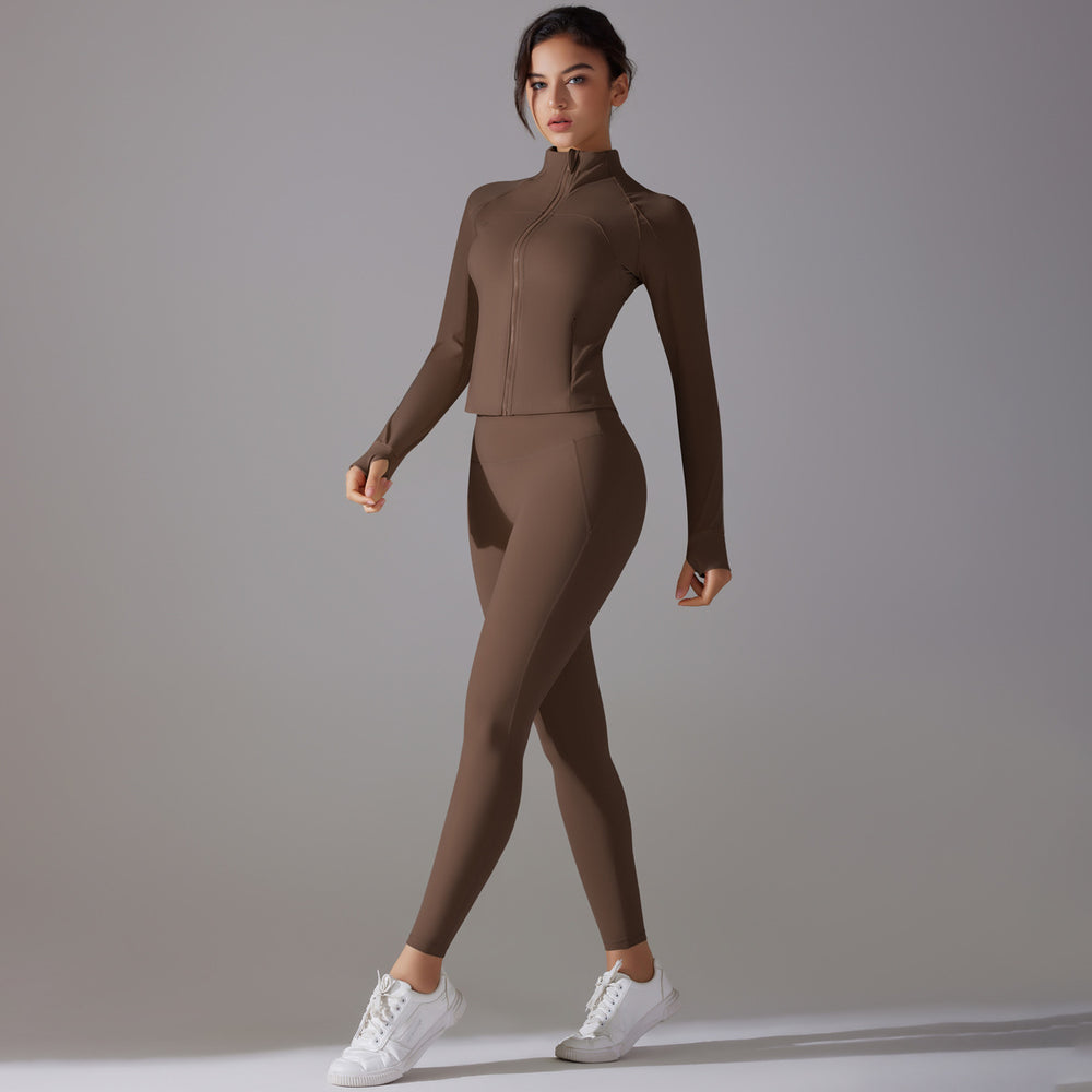 New arrival: solid color antibacterial seamless underwear zip-up yoga set - two-piece activewear for running and fitness
