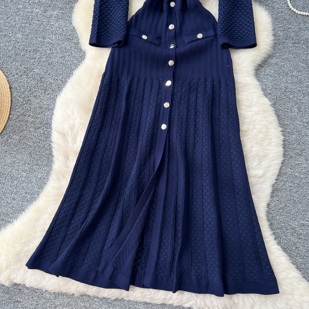 French gentle style niche heavy industry cut out crochet knittingdress women's autum metal button waist slit long skirt