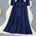 French gentle style niche heavy industry cut out crochet knittingdress women's autum metal button waist slit long skirt