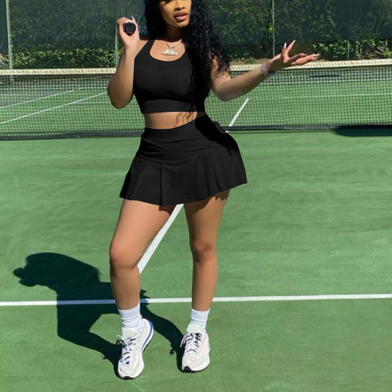 Casual slim-fit sports tank top and skort two-piece set -  european & american fashion, sexy solid color tennis style