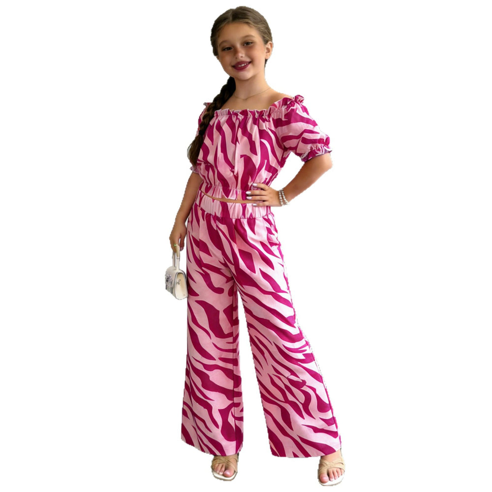 girls' fashion two-piece set: multi-colored zebra print off-the-shoulder cinched waist top and high-waisted wide-leg pants kids' outfit