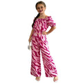 girls' fashion two-piece set: multi-colored zebra print off-the-shoulder cinched waist top and high-waisted wide-leg pants kids' outfit