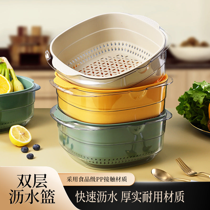 Plastic vegetable basin, kitchen hollow drain basket, vegetable basket storage, household large-capacity double-layer plastic basin washbasin