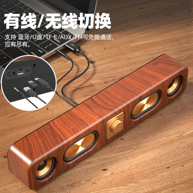 Retro wireless bluetooth speaker - big bass, low-profile wood finish, card-playing desktop audio system with radio function (e3404)