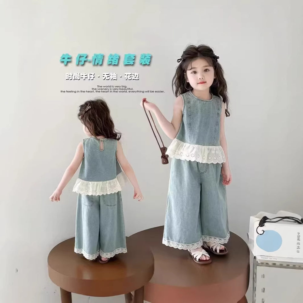 【dropshipping】girls' summer denim outfit  new style sleeveless trendy two-piece set for little girls