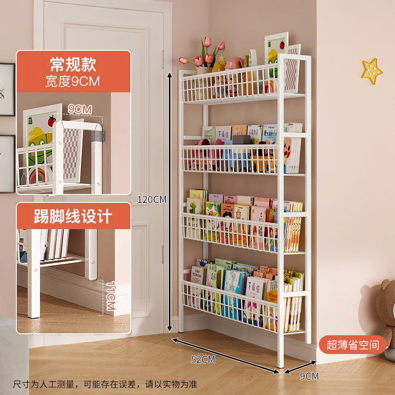 Bookshelf, ultra-thin wrought iron hole board shelf behind the door, floor storage rack against the wall, storage rack, children's picture book shelf