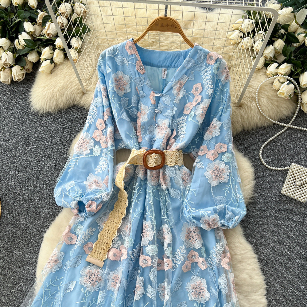 French court style heavy embroidery mesh dress - women's autumn tie-waist v-neck lantern sleeve elegant mini dress