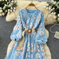 French court style heavy embroidery mesh dress - women's autumn tie-waist v-neck lantern sleeve elegant mini dress