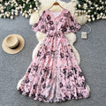 elegance floral v necklacepatchworkdress women's summer short sleeve waist slimming lookruffleselegant long skirt