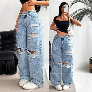 Fashionjeans women's large ripped wide-leg washed american retro hot girl high waistloosemop pants