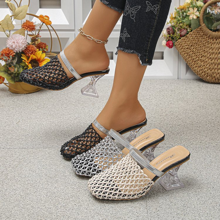Export cross-border baotou thick heel sandals 2026 summer new arrivalfashioneasiest for matchcut out woven high heel sandals for women