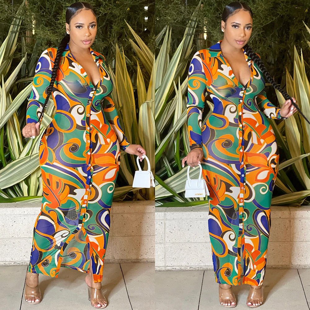C5838 special offer: no returns or exchanges. please purchase with care. cross-border fashionable european and american women's sexy mesh printed v-neck dress