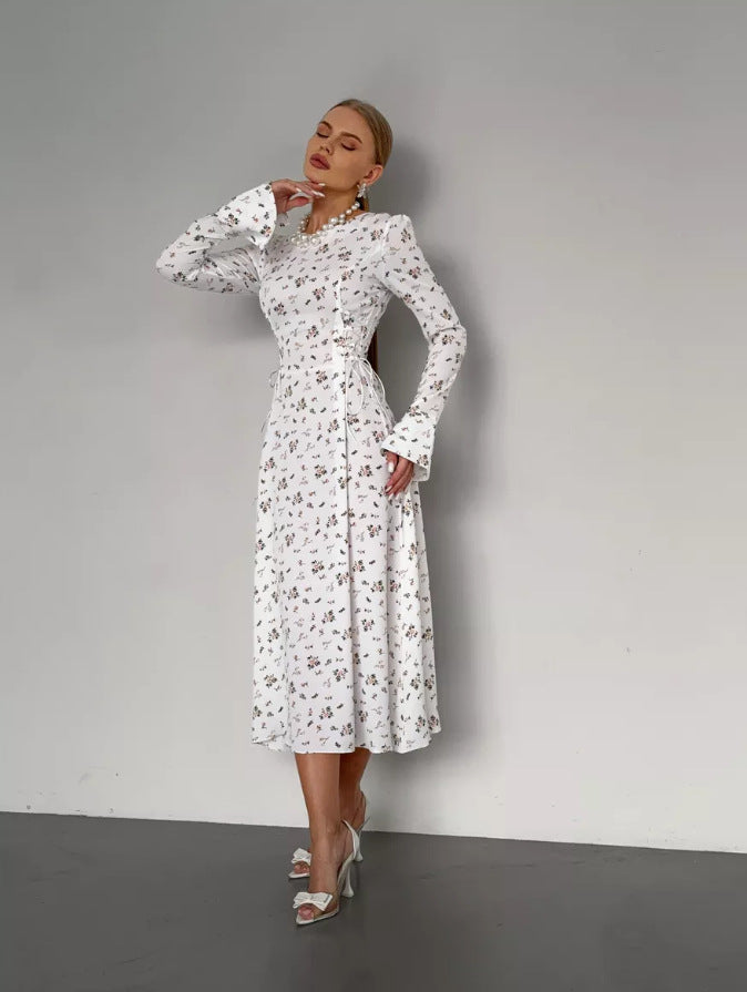 european and american women's clothing new print french chic slimming long sleeve dress