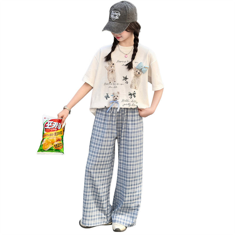 girls' summer wide-leg pants set: short-sleeve plaid t-shirt and pants two-piece outfit for girls, cute and casual