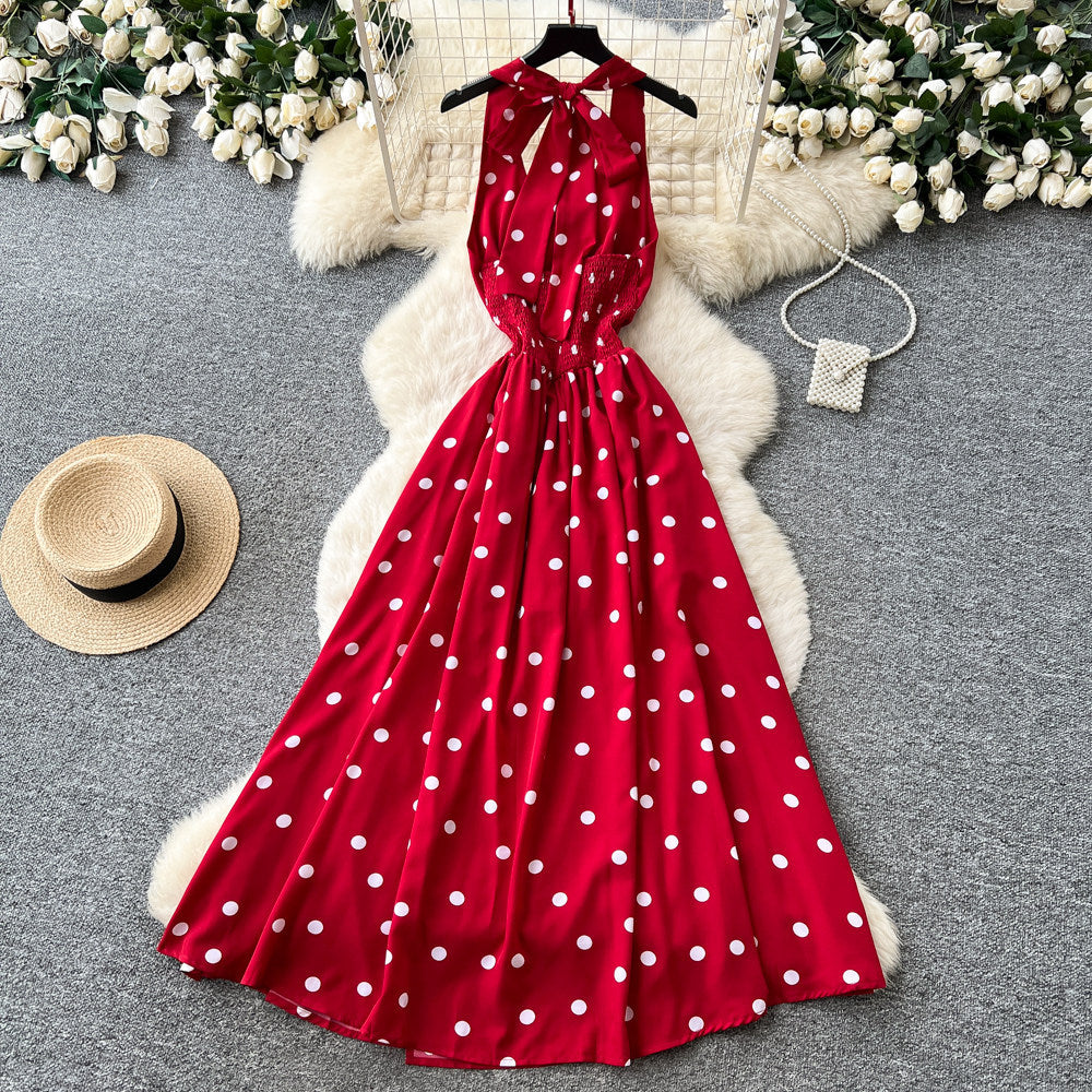 French halter sleeveless polka dot pure desire dress women's summer bowstie back backless waist slit large swing skirt