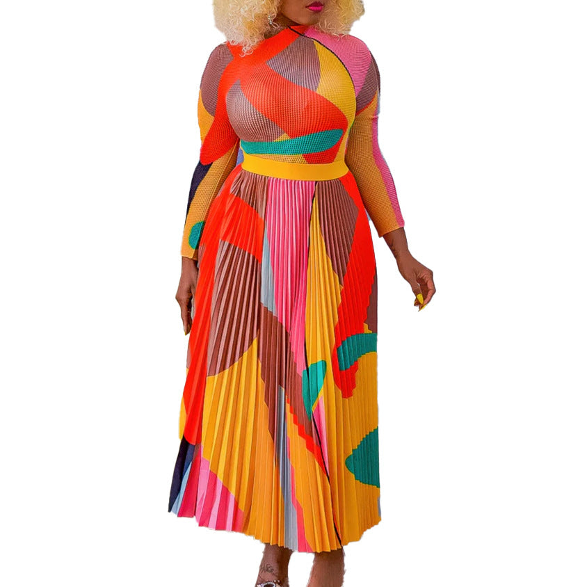 D420   autumn pleated print color block set - long sleeve top & fashionable midi skirt - european & american style two-piece outfit