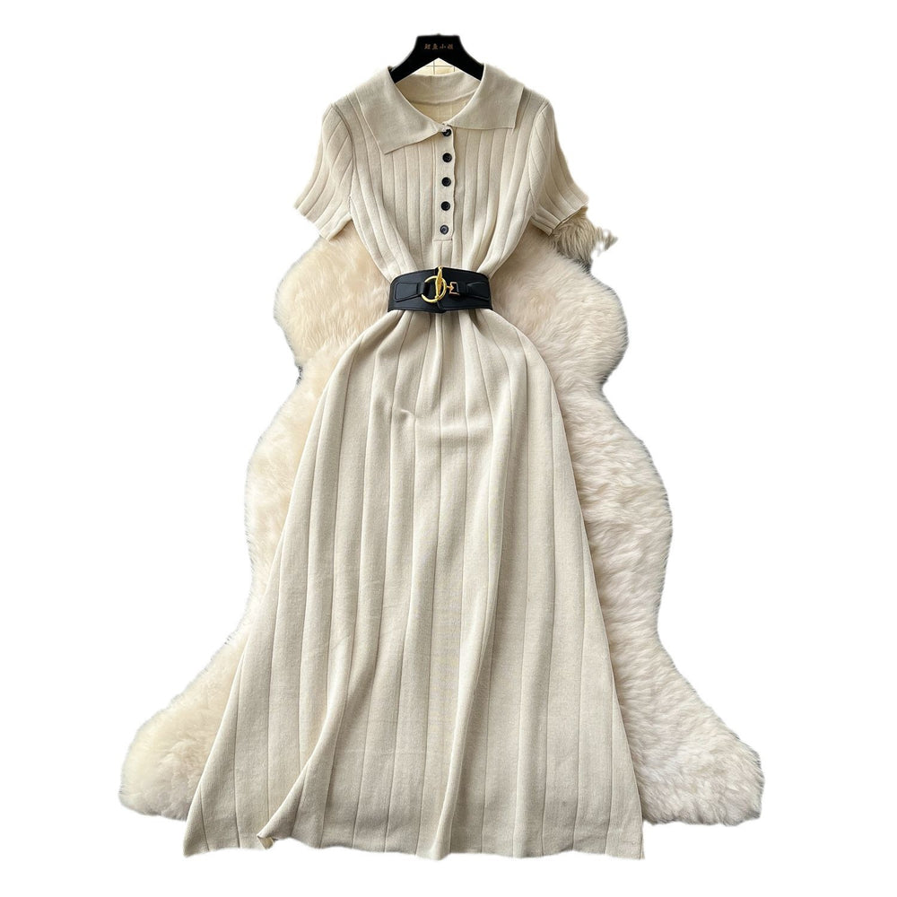 Frenchretropolo collar short-sleeved button cardiganknittingdress women's waist slimming look inner sweater skirt long skirt