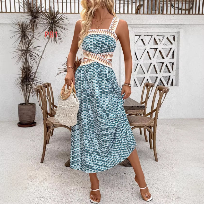 summer new arrival: strapless backless camisole dress, vintage print maxi dress, cross-border e-commerce  style for women