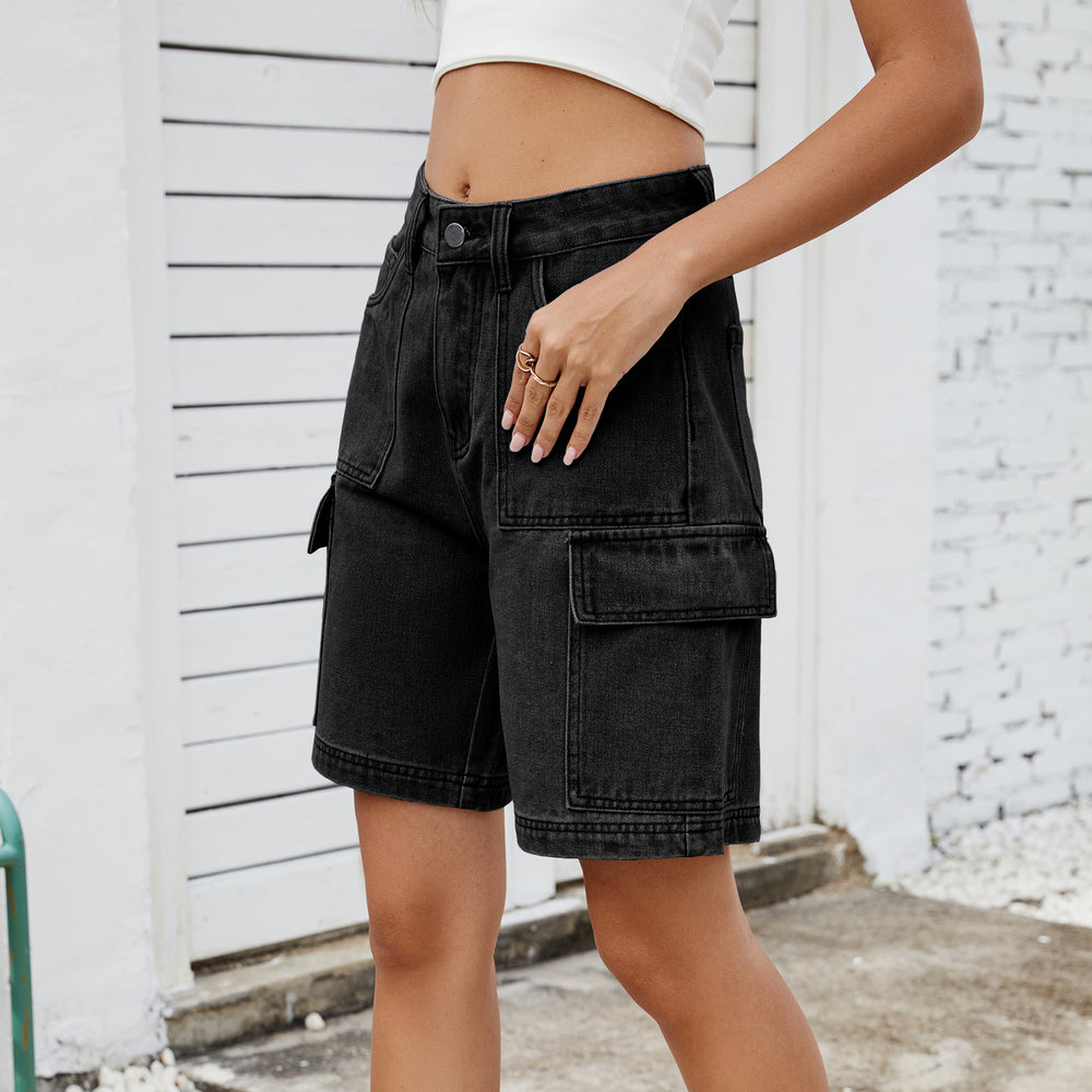 European and american cross-border summer new arrivals:   street style trendy washed denim cargo shorts for women