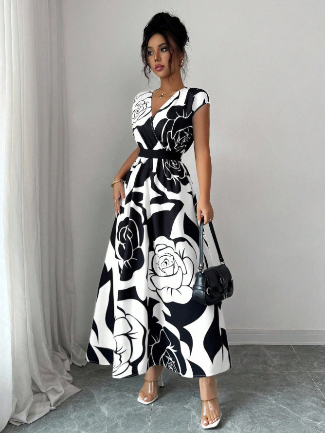 printed a-line dress - women's spring slim fit, waist-defining, figure-flattering, elegant v-neck dress