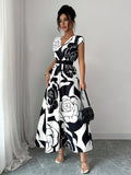 printed a-line dress - women's spring slim fit, waist-defining, figure-flattering, elegant v-neck dress