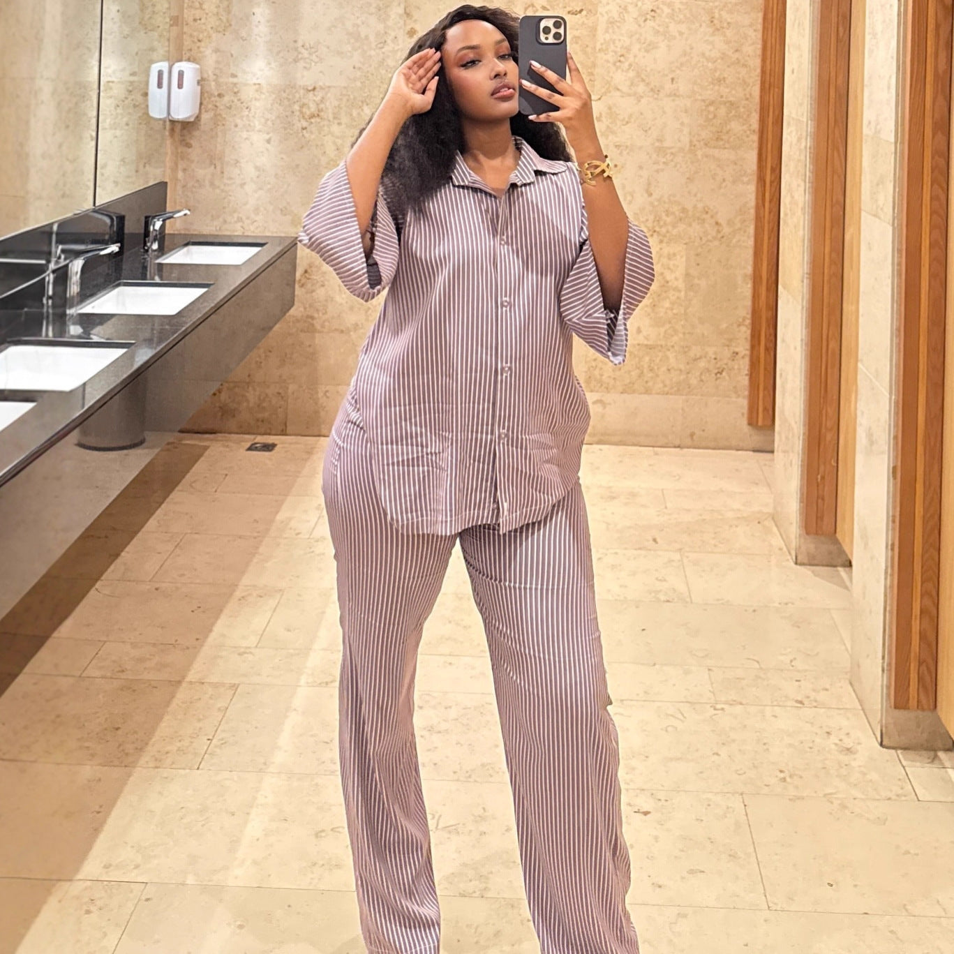 European and American large-size casual women's clothing lapel-neck striped cardigan shirt wide-leg trousers women's African foreign style new two-piece set