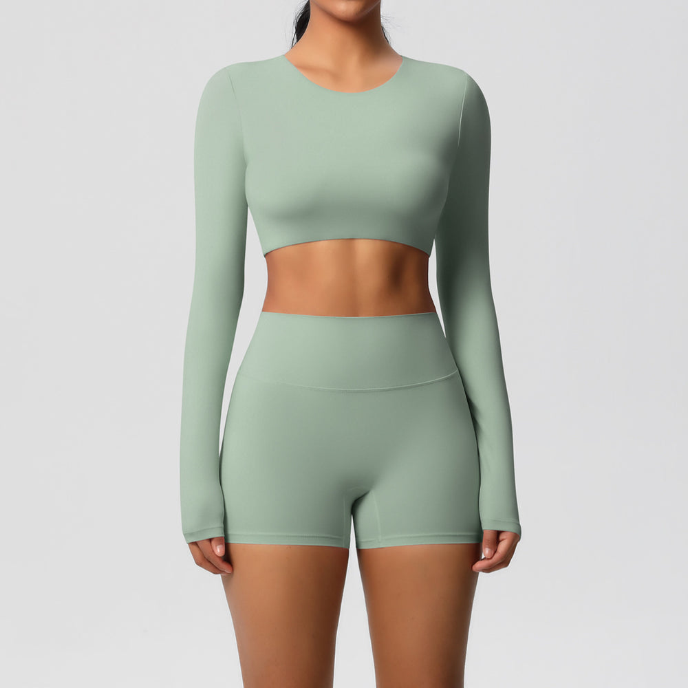 pure color double-sided brushed with chest pad tight-fitting yoga clothes long sleevessuit running sports fitness clothes two-piece set
