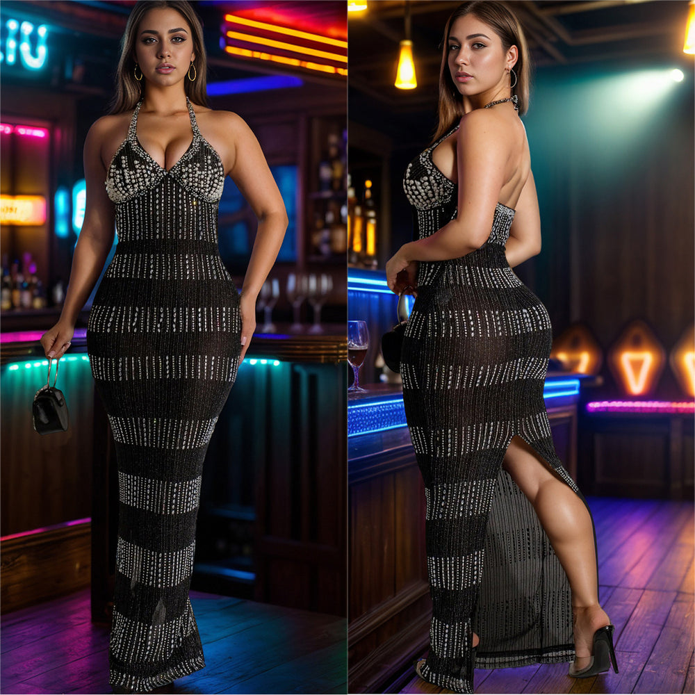 C7075 cross-border   independent station fashion women's lace hot diamond deep v sleeveless dress