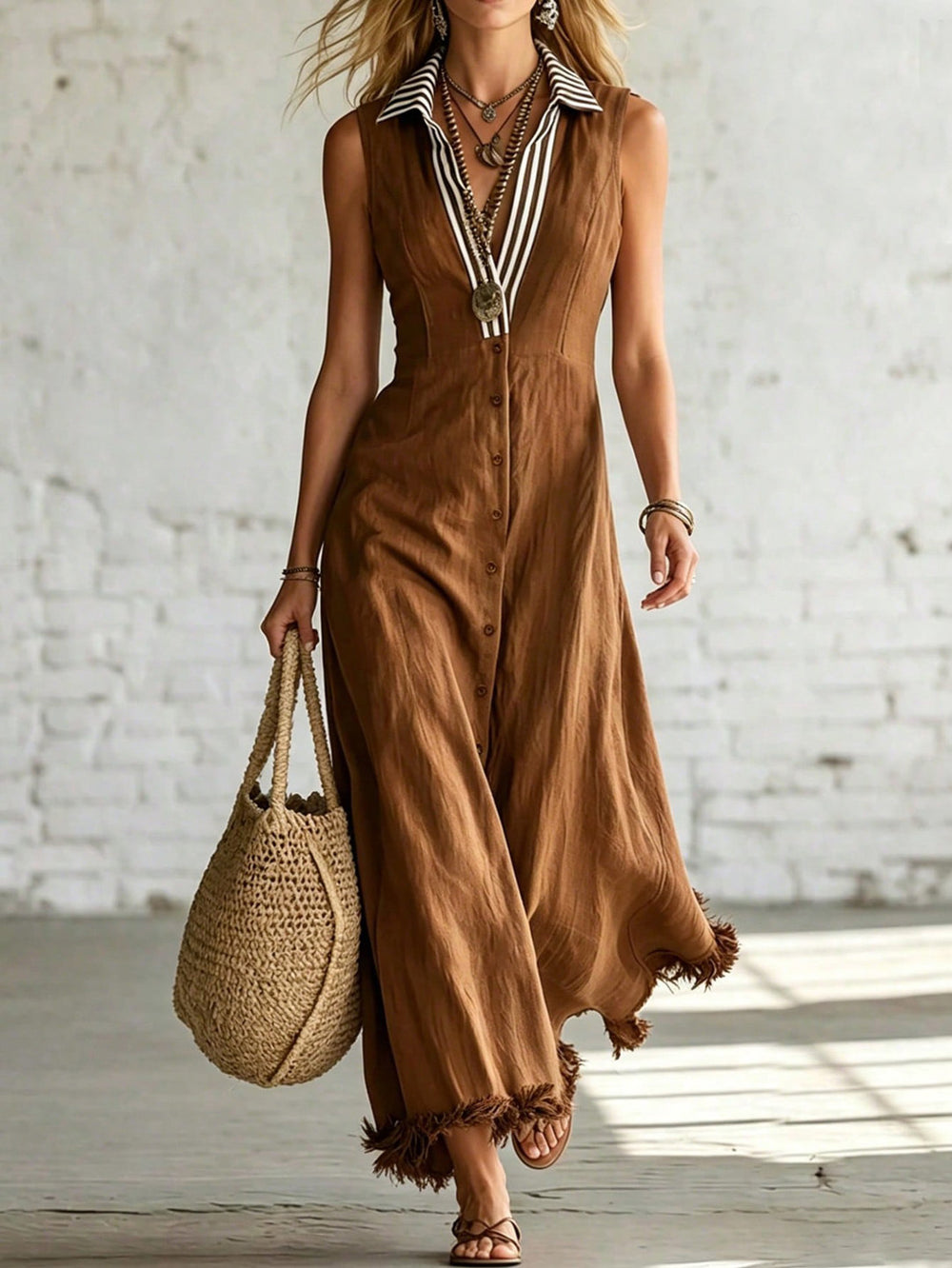 fashion  summer new brown striped lapel sleeveless dress single-breasted tassel vacation style