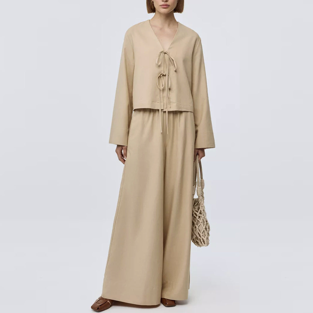 Cross-border independent station early autumn casual lace-up design cardigan trousers set European and American women's clothing fashion lazy two-piece set