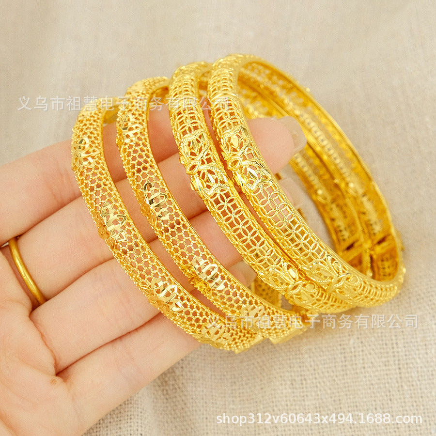 Wholesale dubai women's luxury hollow flower bangle gold elegant middle eastern bridal wedding bracelet party gift