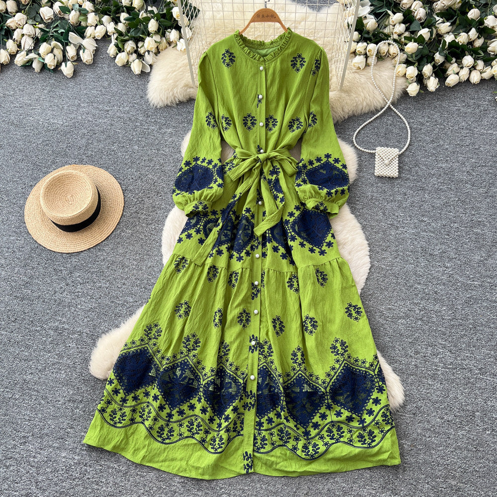 Lightly mature elegance style lantern sleeve printingdress women's springlong sleeves waist tie backa-line mid-length skirt holiday style