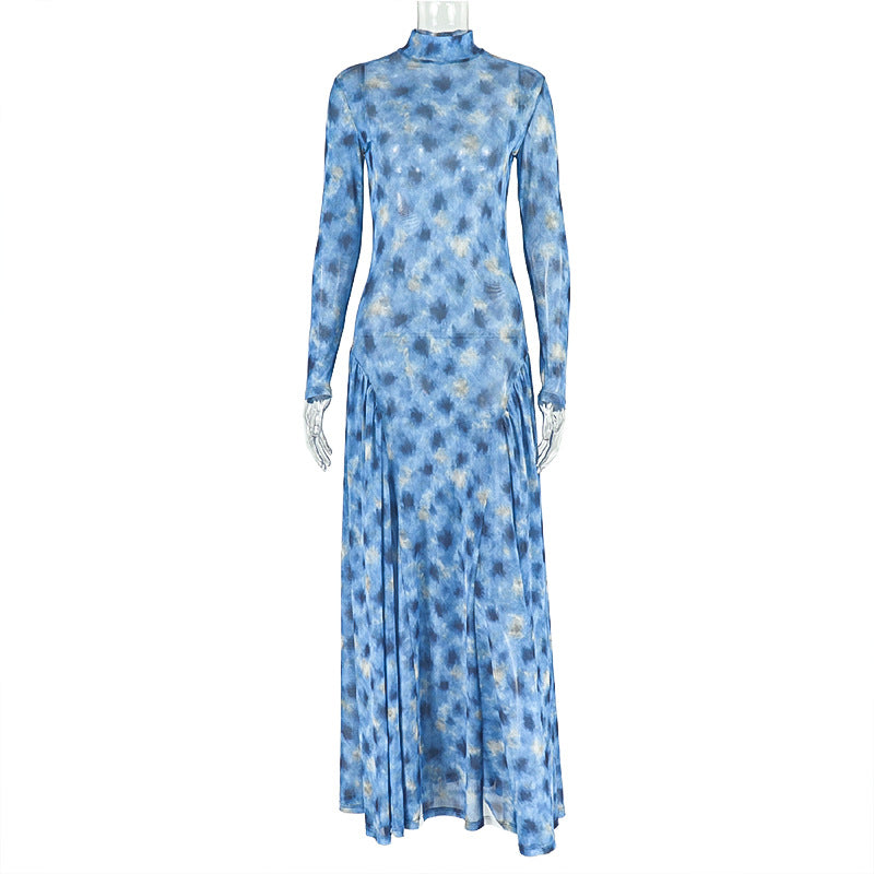 Fashion style insexportnew arrivalelegantprinting women's waist slimming look a-line skirt high collarprintinglongdress