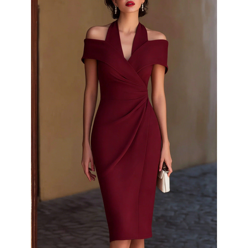 Fashion cross-border sexy off-shoulder pleated veterinary dress dress